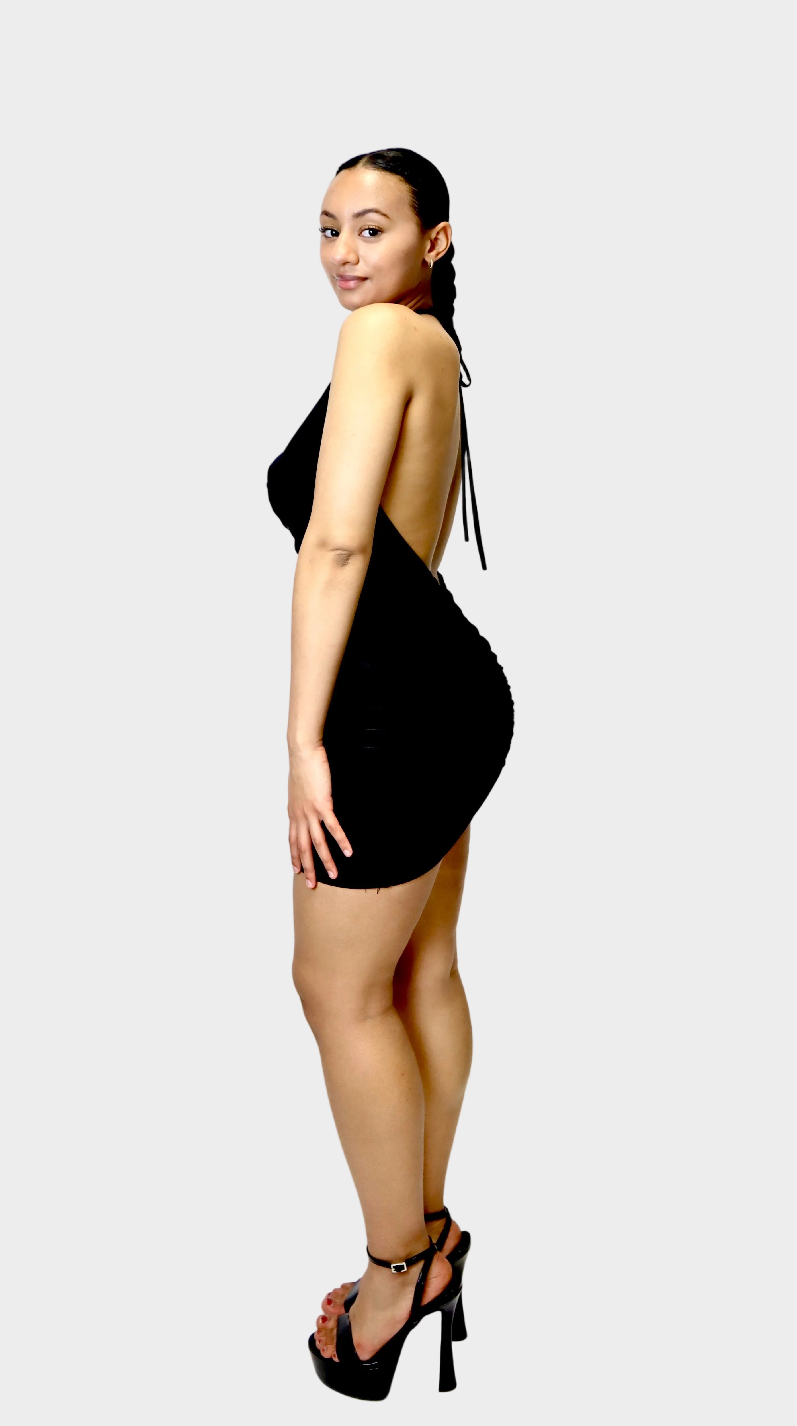 The Serena Cowl Halter Mini Dress - Black