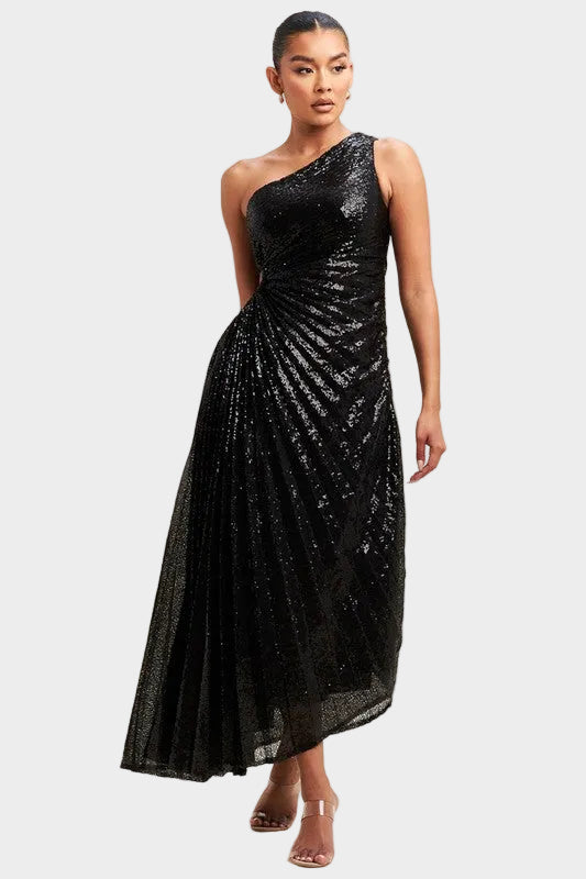 Athena One-Shoulder Pleated Sequin - Black Main image