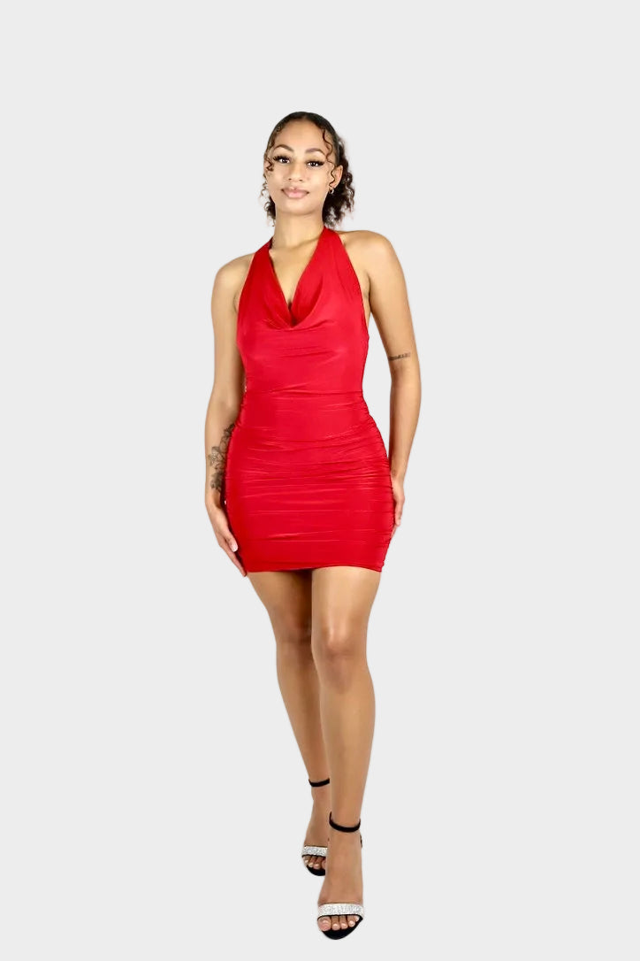 The Serena Cowl Halter Mini Dress - Red