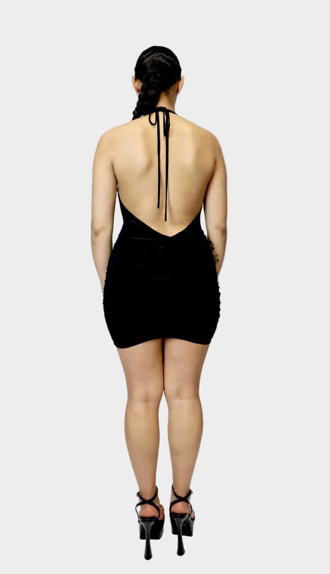 The Serena Cowl Halter Mini Dress - Black